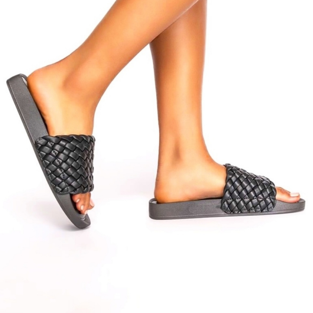 🅴 Miz Slide Thru | Braided & Weaved Flat Vegan Leather Sandal